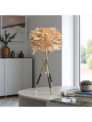 Feyza Design Tüylü Abajur, Metal Tripod, Modern ve Şık Tasarım, Ev Dekorasyonu