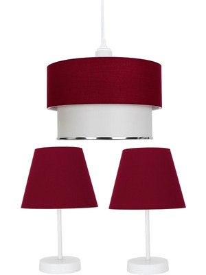 Feyza Design Şık Bordo Üçlü Abajur ve Avize Seti Yatak Odası Aydınlatması