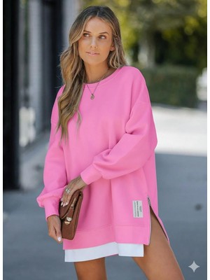 Afri Kadın Oversize Sweatshirt Yan Fermuar Detaylı Uzun Kollu Pembe Tunik