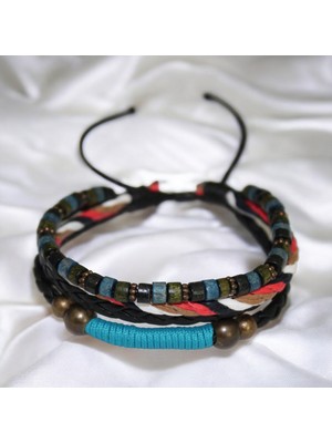 DEHNA Bahar Temalı Ahşap, Metal ve Boncuk İşlemeli Deri & İp Sargılı Ayarlanabilir Bileklik