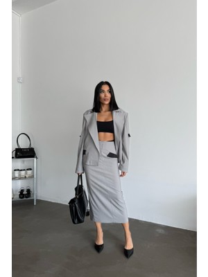 Livizmir Moda Crop Ceket - Etek Takım - Gri