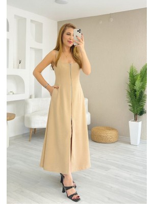 Livizmir Moda Kadın Askılı Kare Yaka Önden Fermuarlı Geniş Kesim Janjan Krep Elbise