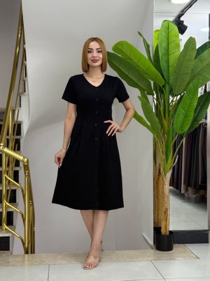 Livizmir Moda Kadın Kısa Kollu V Yakalı Önden Düğmeli A Kesim Dokuma Elbise
