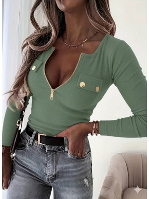 Livizmir Moda Kadın Uzun Kollu Önden Fermuar ve Cepli Kaşkorse Bluz