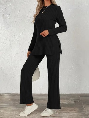 Livizmir Moda Kadın Uzun Kollu Bisiklet Yaka Yandan Yırtmaçlı Şardonlu Kaşkorse Bluz ve Pantolon Ikili Takım