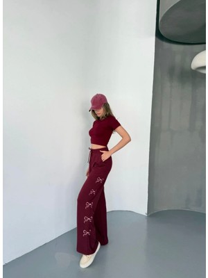 Livizmir Moda Osy Modal Yumuşak Dokulu Kumaş Nakış Işlemeli Rahat Bol Paça Eşofman Pantalon - Bordo