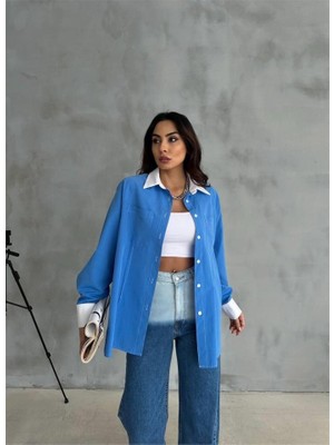 Livizmir Moda Kol ve Manşet Beyaz Kapalı Pile Detaylı Gömlek - Mavi