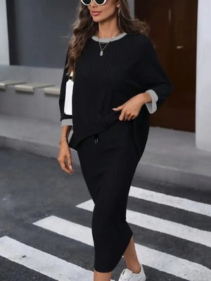 Livizmir Moda Kadın Uzun Kollu Yakası Açık Şardonlu Kaşkorse Bluz ve Eteği Bağcıklı Ikili Takım