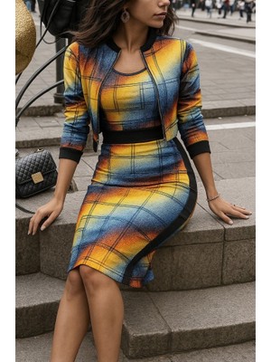 Livizmir Moda Kadın Uzun Kollu Askılı Yuvarlak Yaka Desenli Dalgıç Bluz Ceket ve Etek Üçlü Takım