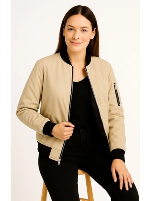 Livizmir Moda Içi Astarlı Fermuarlı Bomber Mont Ceket - Bej