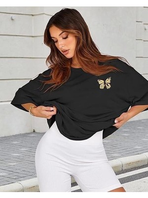 Livizmir Moda Bisiklet Yaka Baskılı T-Shirt - Siyah