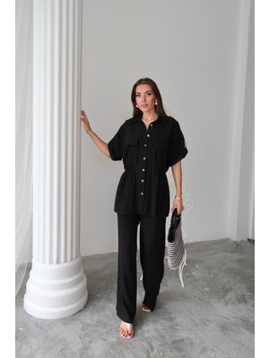 Livizmir Moda Keten Belden Büzgü Detaylı Gömlek - Pantolon Takım - Siyah