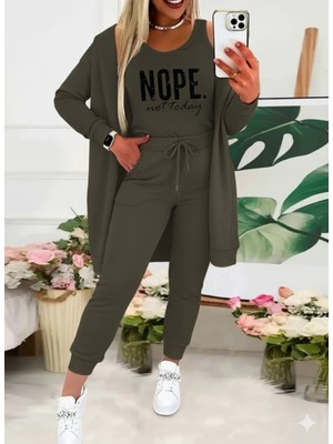 Livizmir Moda Kadın Askılı Yuvarlak Yaka Yazılı Viskon Iki Iplik Bluz Ceket ve Pantolon 3lü Takım