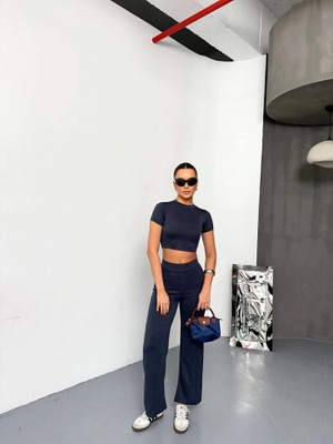 Livizmir Moda Osy Modal Yumuşak Dokulu Kumaş Kısa Kollu Crop Alt Ispanyol Paça Pantalon Ikili Takım - Füme