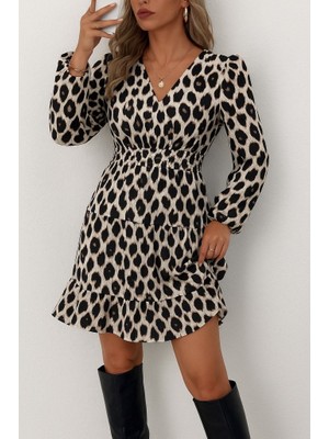 Livizmir Moda Kadın Uzun Kollu Kruvaze Yaka Desenli Mini Modal Elbise