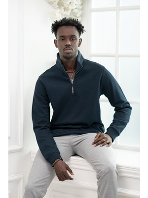 San&Fa Regular Fit Biyeli Fermuarlı Dik Yaka Armürlü Pamuklu Sweatshirt