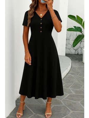 Livizmir Moda Kadın Kısa Kollu V Yakalı Önden Düğmeli Yırtmaçlı Midi Viskon Elbise