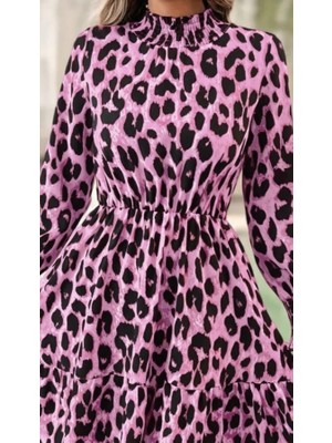 Livizmir Moda Kadın Uzun Kollu Yarı Balıkçı Yaka Leopar Desenli Modal Mini Elbise