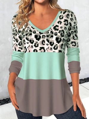 Livizmir Moda Kadın Uzun Kollu V Yakalı Leopar Baskılı Şardonlu Dalgıç Bluz