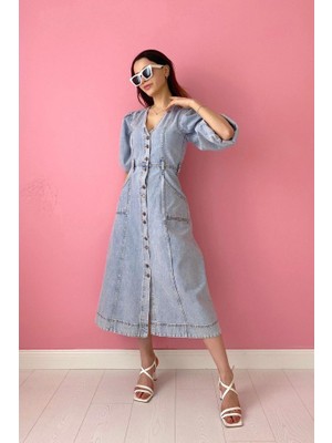 Livizmir Moda Kar Yıkama Balon Kol Kot Elbise