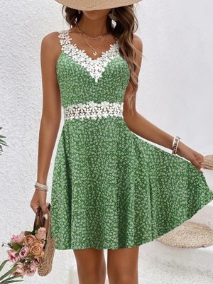 Livizmir Moda Kadın Askılı Dantel Yakalı Çiçek Desenli Süprem Elbise