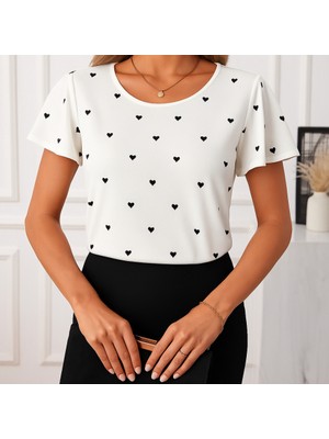 Livizmir Moda Kadın Kısa Kelebek Kollu Bisiklet Yaka Kalp Desenli Süprem Bluz