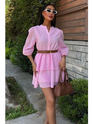 Livizmir Moda Deri Kemerli Fırfırlı Elbise 2901