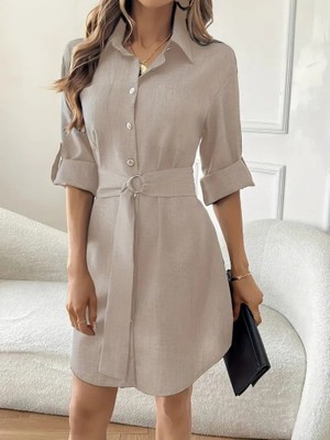 Livizmir Moda Kadın Uzun Kollu Yakalı Önden Düğmeli Beli Kuşaklı Mini Ithal Keten Elbise
