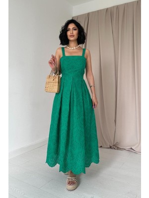 Livizmir Moda Yeşil Askılı Aparatlı Brode Elbise