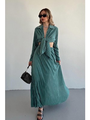 Livizmir Moda Mint Fitilli Gömlek ve Uzun Etek Takım