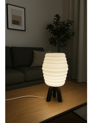 Feyza Design Modern Pla Masa Lambası, 36,5 Cm, Siyah Ayaklı, Beyaz Dekoratif Abajur