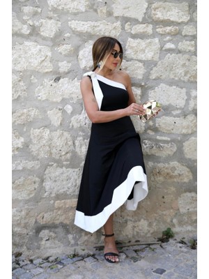 Livizmir Moda Kadın Tek Omuzu Açık Omuzlardan Kurdela Detaylı Çift Renkli Ithal Krep Elbise