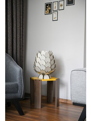 Feyza Design Şık Ahşap Kozalak Tasarımlı Sehpa Üstü Abajur ile Dekora Zarafet