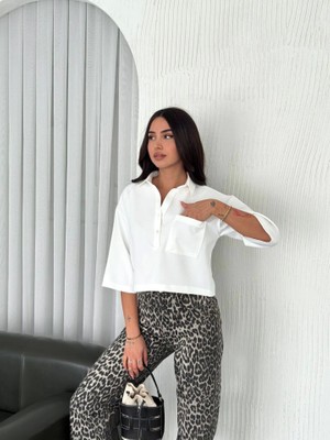 Livizmir Moda Crop Yakalı Gömlek Üç Çeyrek Sleeve Kol - Beyaz