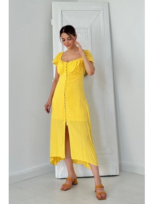 Livizmir Moda Sarı Prenses Yaka Elbise