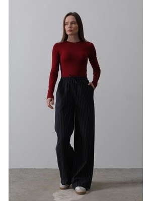 Livizmir Moda Beli Lastikli Bol Paça Pantolon - Lacivert-Beyaz