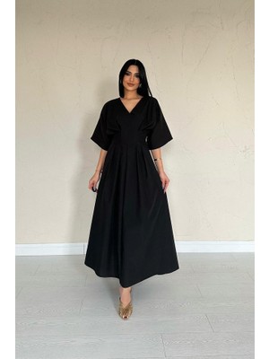 Livizmir Moda Siyah Pileli Uzun Elbise