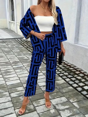Livizmir Moda Kadın Uzun Kollu Önü Açık Desenli Iki Iplik Ceket ve Pantolon Ikili Takım