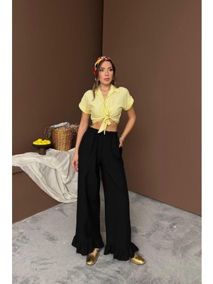 Livizmir Moda Siyah Paçası Fırfırlı Keten Pantolon