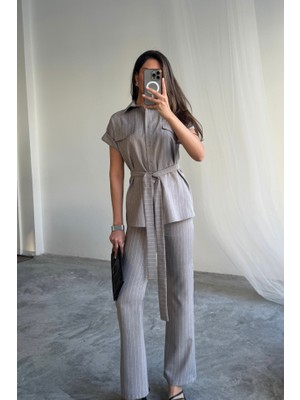 Livizmir Moda Çizgili Polyviskon Bluz - Pantolon Takım - Gri