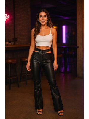 Livizmir Moda Siyah Bel Detaylı Deri Pantolon