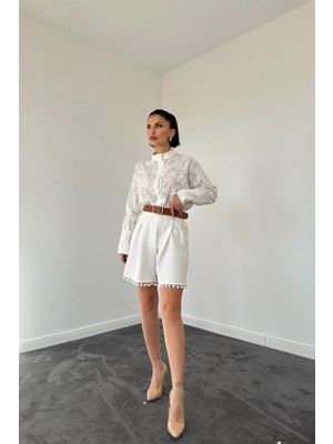Livizmir Moda Ekru Dantelli Gömlek ve Ponpolu Şort Takım