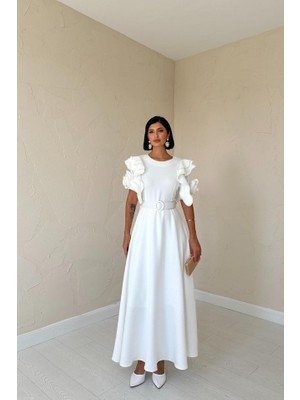 Livizmir Moda Beyaz Kolları Volanlı Kemerli Elbise