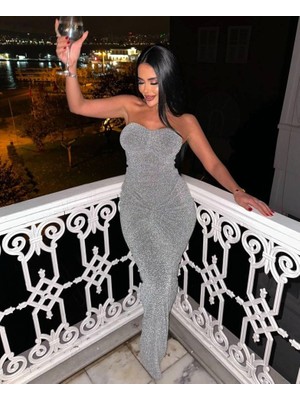 Livizmir Moda Straplez Simli Uzun Elbise