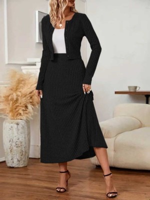 Livizmir Moda Kadın Uzun Kollu Önden Düğmeli Bluz ve Yüksek Bel A Kesim Uzun Etek Şardonlu Kaşkorse Ikili Takım