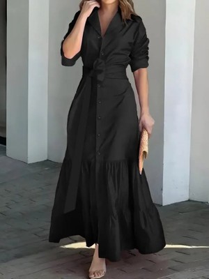 Livizmir Moda Kadın Uzun Kollu Eteği Fırfırlı Beli Kuşaklı Trikoton Tam Boy Gömlek Elbise
