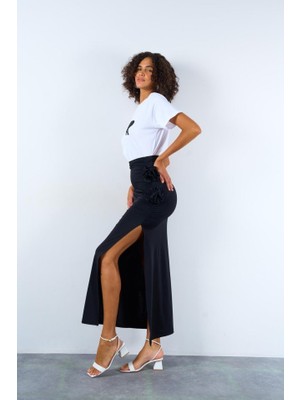Livizmir Moda Yandan Büzgülü Güllü Etek - Siyah