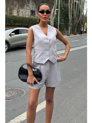 Livizmir Moda Yelek Şort Flamlı Keten Takım 10133-17