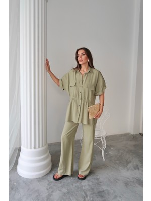 Livizmir Moda Keten Belden Büzgü Detaylı Gömlek - Pantolon Takım - Yeşil