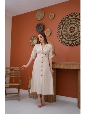 Livizmir Moda Bej Düğmeli Keten Elbise